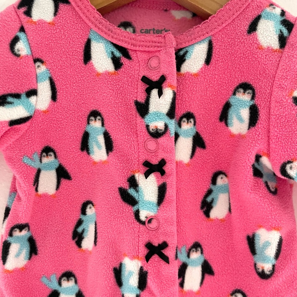 $5 💥Fleece Penguins Cozy Baby Girl Sleeper Footie Playsuit, Peony Pink, Snaps